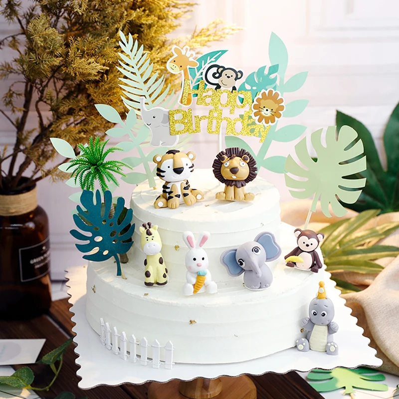 Jungle Safari Animals Birthday Party Cake Topper Soft pottery Panda Tiger Elephant oh baby 1 year Cake Decoration Supplies Gift