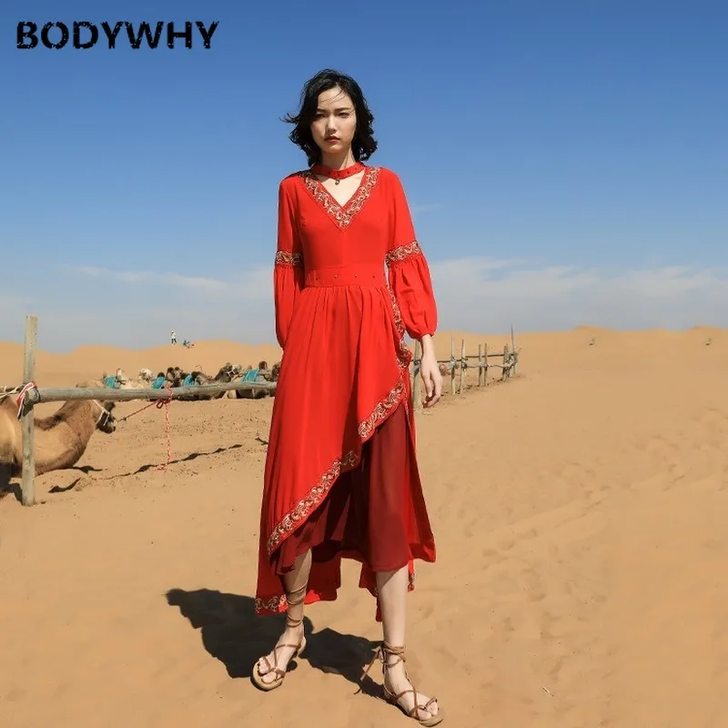 

Red Dress Fairy Retro Ethnic Style Desert Long Dress Tourist Photograph Travel Seaside Vacation Dress