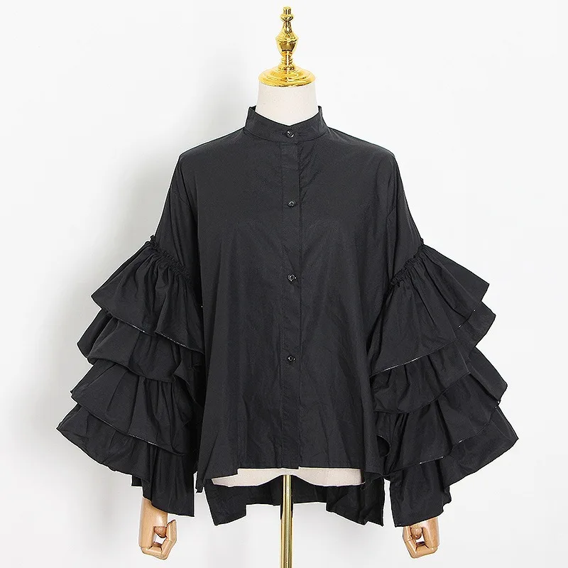 

2021 Spring Stand Collar Flare Sleeve Women Blouses Solid Ruffles New Elegant Female Shirts Design Ins Retro Korean Ropa Mujer
