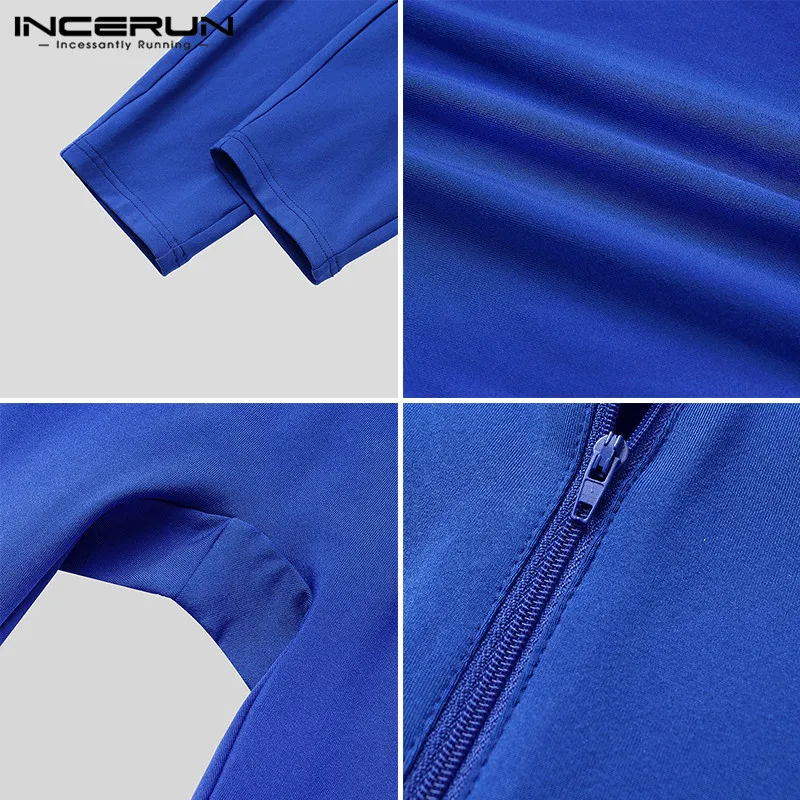 

Autumn Men Long Sleeve Round Neck Bodysuit Homewear INCERUN Solid Color Jumpsuit Sleepwear Fitness Zipper Rompers Nightgown 5XL