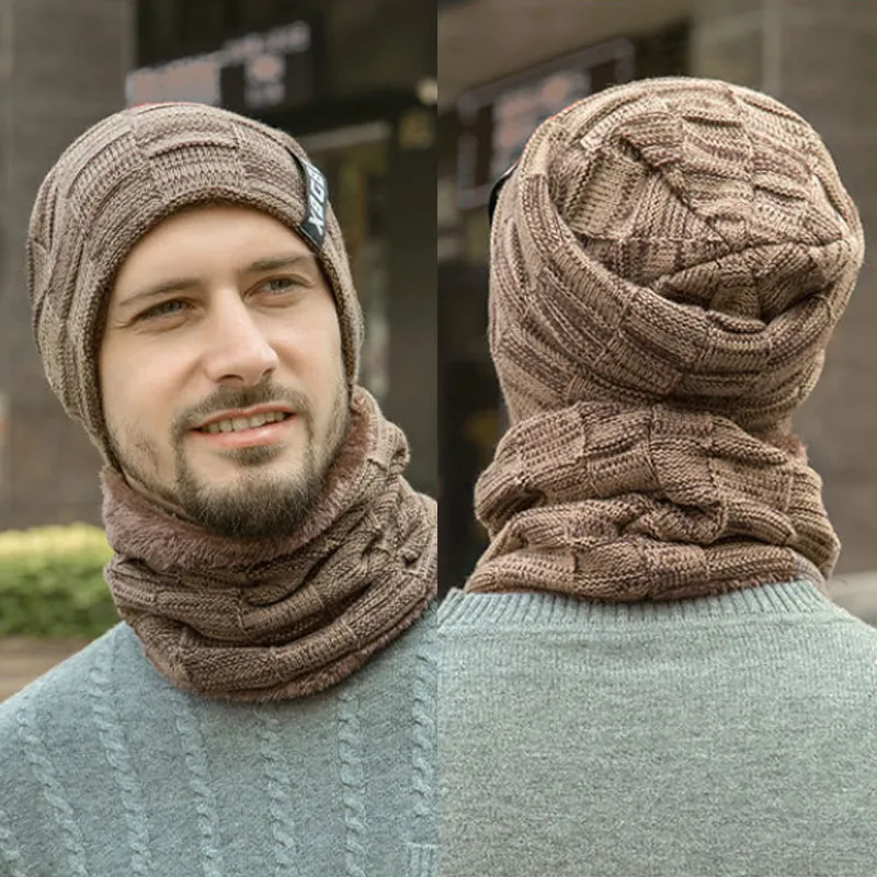 Горячая Skullies Beanies кольцо для Шляпы шарф из двух частей теплая зимняя шапка плюс бархатная Толстая шерстяная шапка для мужчин мягкая эластичная шапка мужские головные уборы