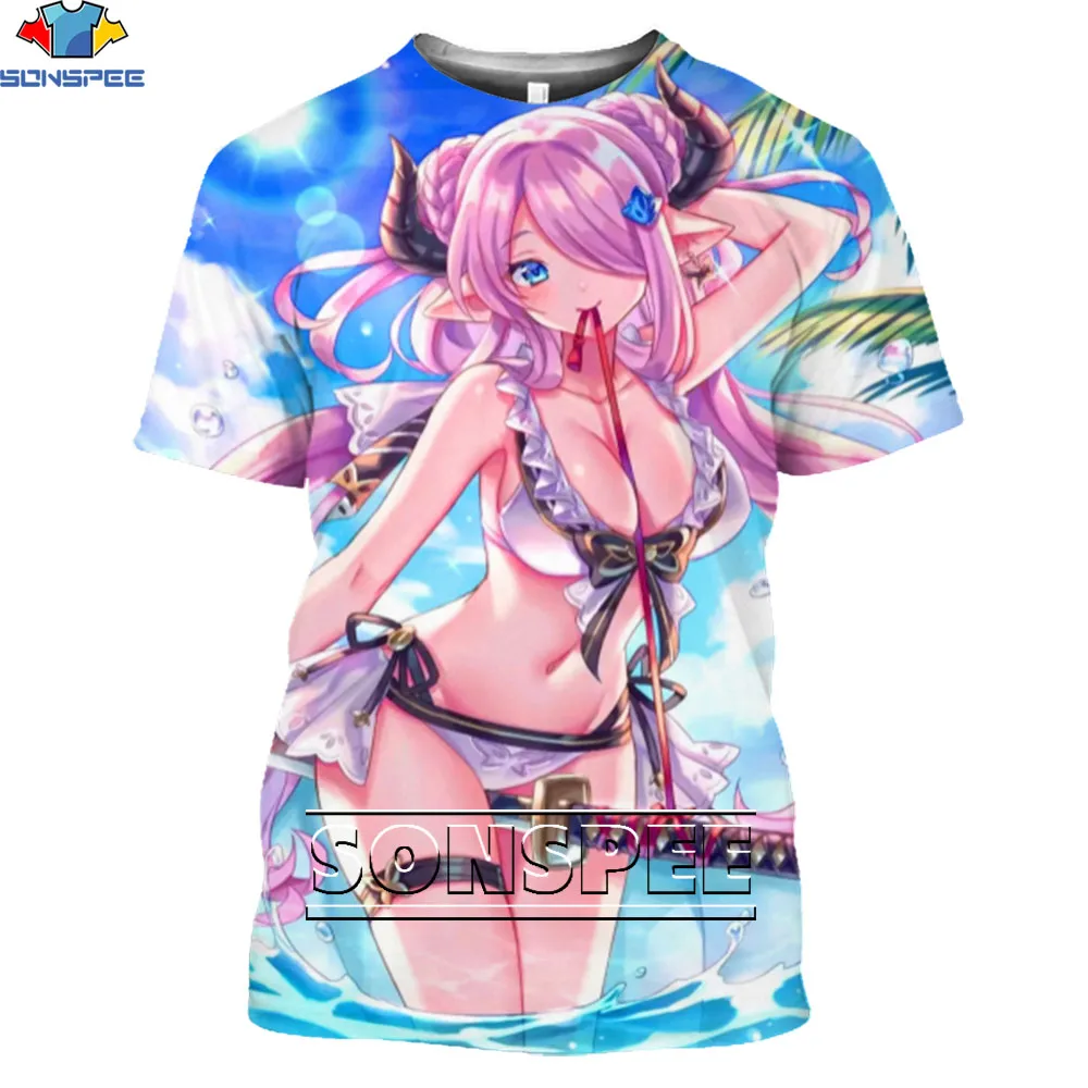

SONSPEE Anime Summer Beach Girl Print T-shirt Bikini Loli Casual Top 3D Male Harajuku Kawaii Cute Shirt Otaku Short Sleeve