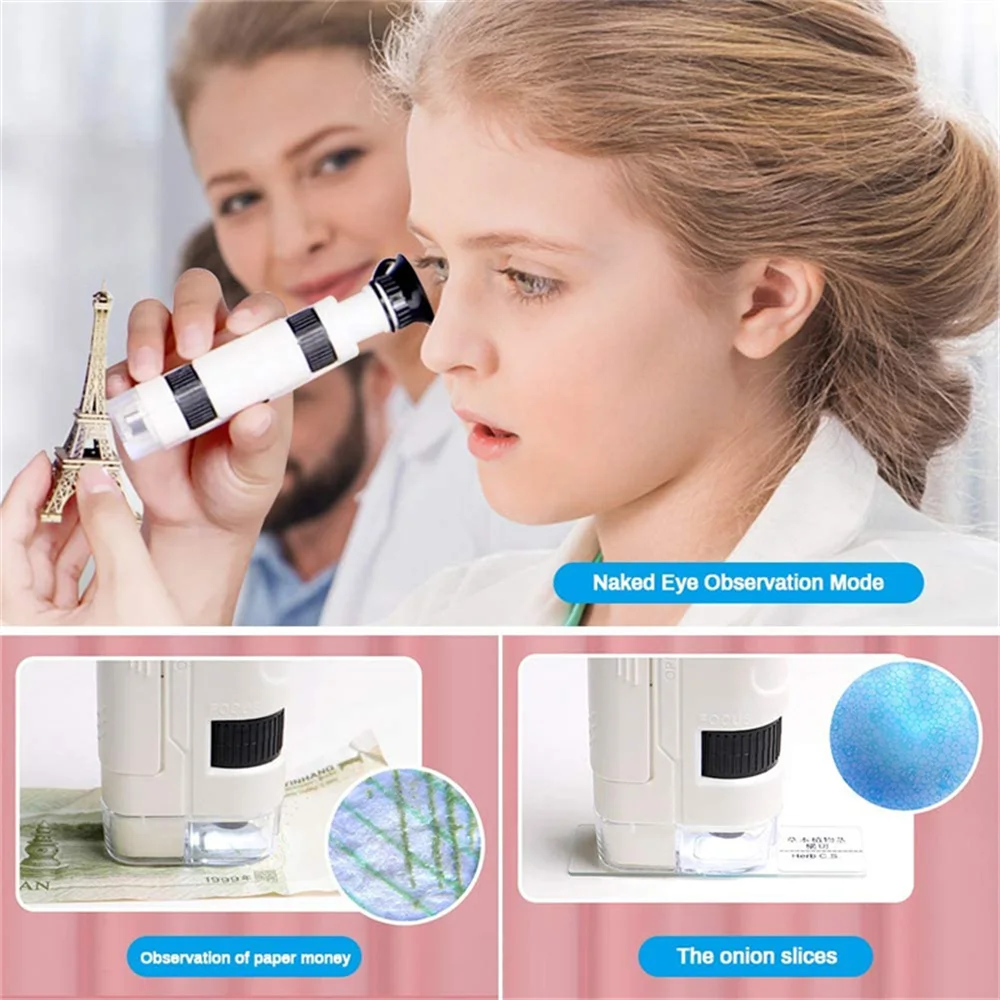kids microscope toy 80x 120x beginner mini led lighted pocket zoom microscope science kit naked eye and mobile phone observation free global shipping