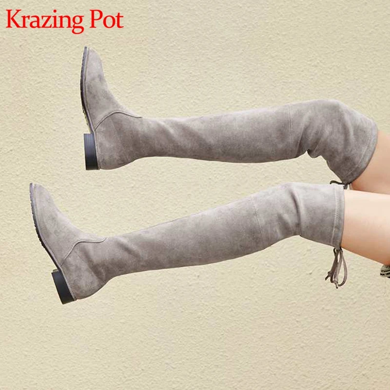 Krazing pot/ г. Высококачественный флок переходник сетевой с круглой вилки носок толстый низкий каблук дизайн сохраняющие тепло растягивающиеся Сапоги выше колена L01