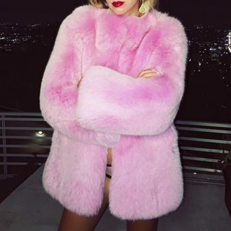 Keep warm Women Winter Green V Neck Hairy Shaggy Faux Fox Fur Jackets Vintage Long sleeve Furry Faux Fur Coat Loose Outerwear