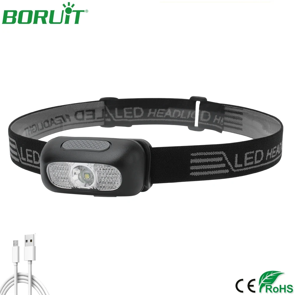 BORUiT Mini XPE LED Headlight 5 Light Modes Outdoor Portable Headtorch Flashlight USB Rechargeable Camping Fishing Headlamp