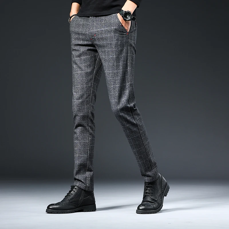 Мужские брюки в клетку повседневные облегающие британском стиле черные синие