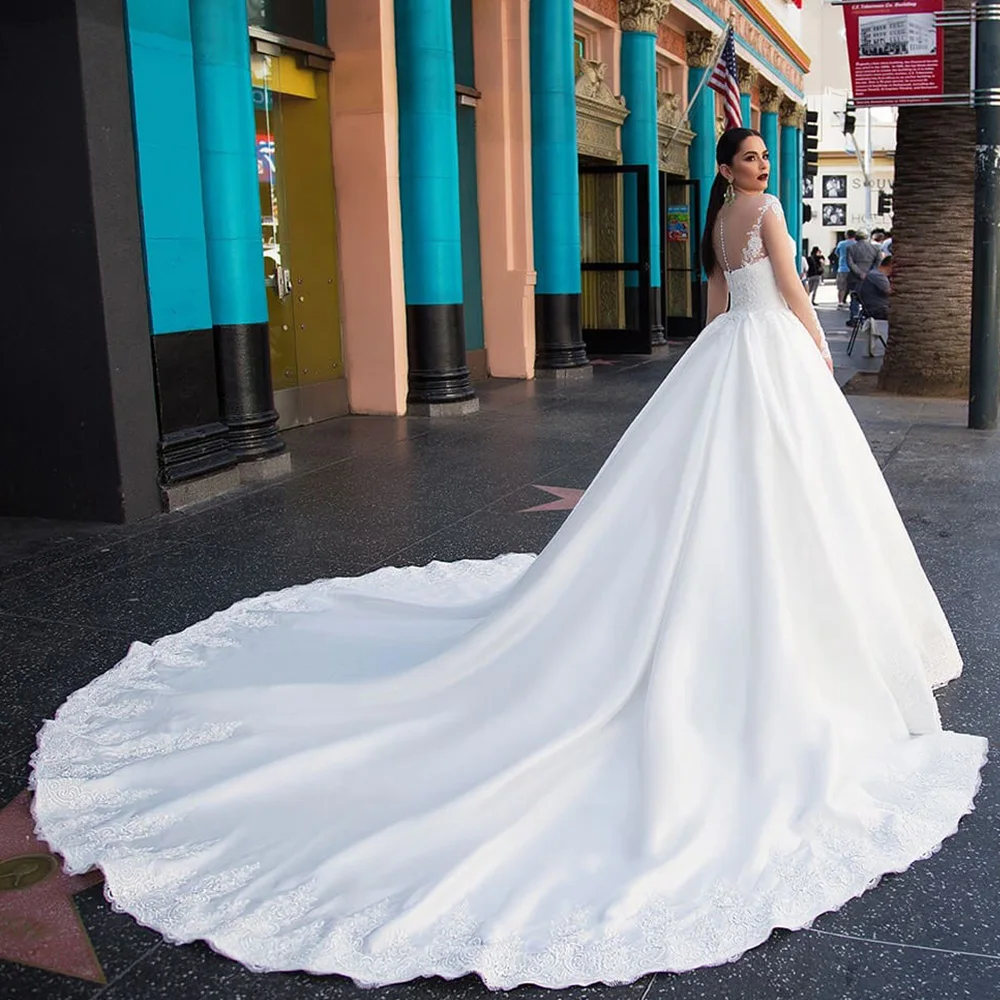 Vestidos De Novia Long Sleeve Satin Ball Gown Wedding Dress Illusion Back Gelinlik Beading Sequined Suknia Slubna Hochzeitskleid | Свадьбы и