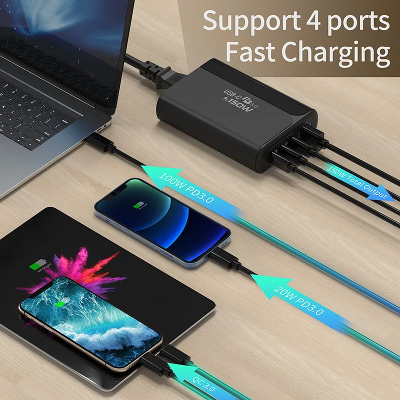 Зарядное устройство TQUQ 150 Вт адаптер питания GaN 4 порта PD 100 PPS 65 45 QC4.0 для MacBook iPhone12
