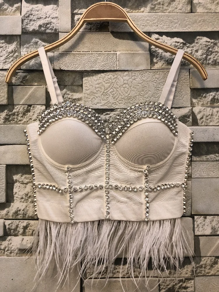 

Rhinestone Feather Corset Top Bustier Party Shinny Corset Tops To Wear Out Underbust Corset Woman White Corset Top mujer bustier