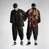 japanese style vintage kimono haori pants set men traditional harajuku streetwear samurai cardigan costume kimono coat pants