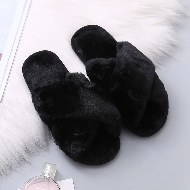 

2020 Winter Home Shoes Women House Slippers Faux Fur Ladies Cross Soft Plush Furry Female Open Toe Slides Warm Shoes