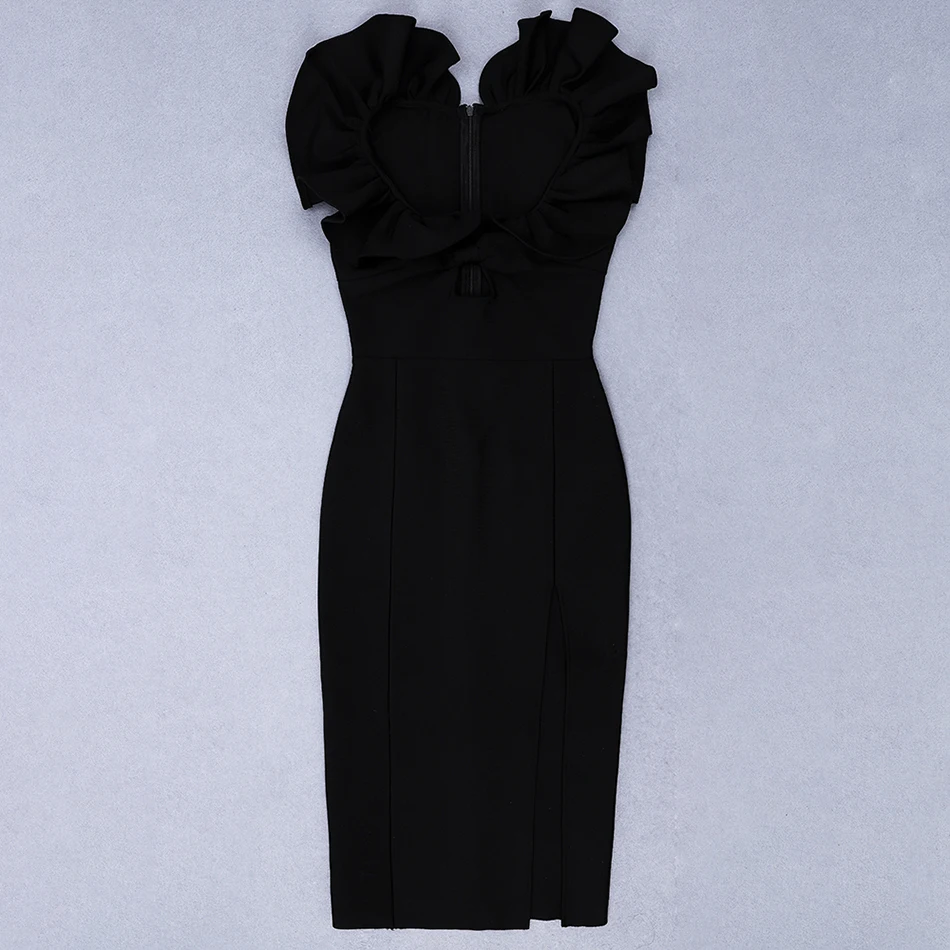 Modphy 2020 Spring New Women'S Bandage Dress Sexy V-Neck Ruffled Sleeveless Hollow Bodycon Club Party Knee-Length Black | Женская