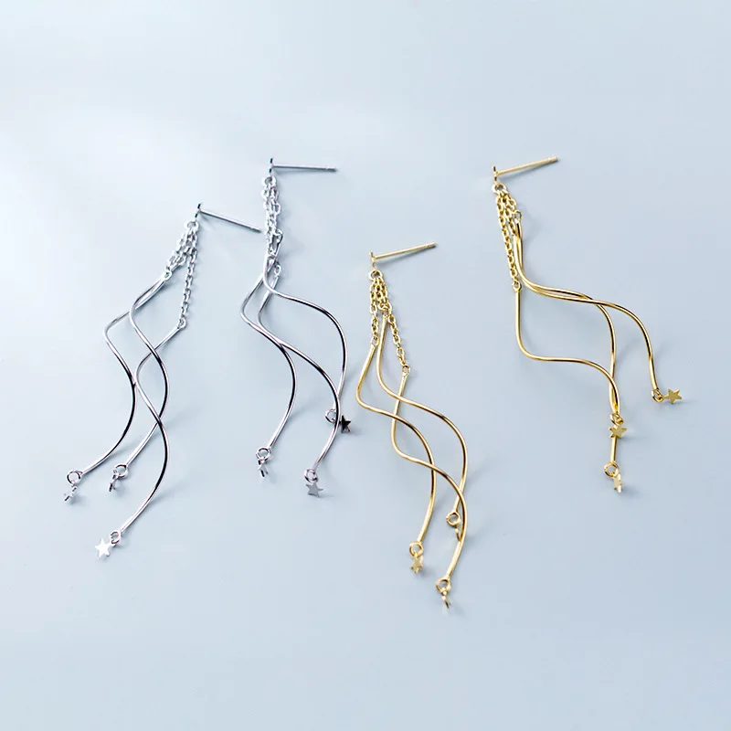 Модные серьги гвоздики с длинной подвеской в виде звезды из серебра 925 пробы