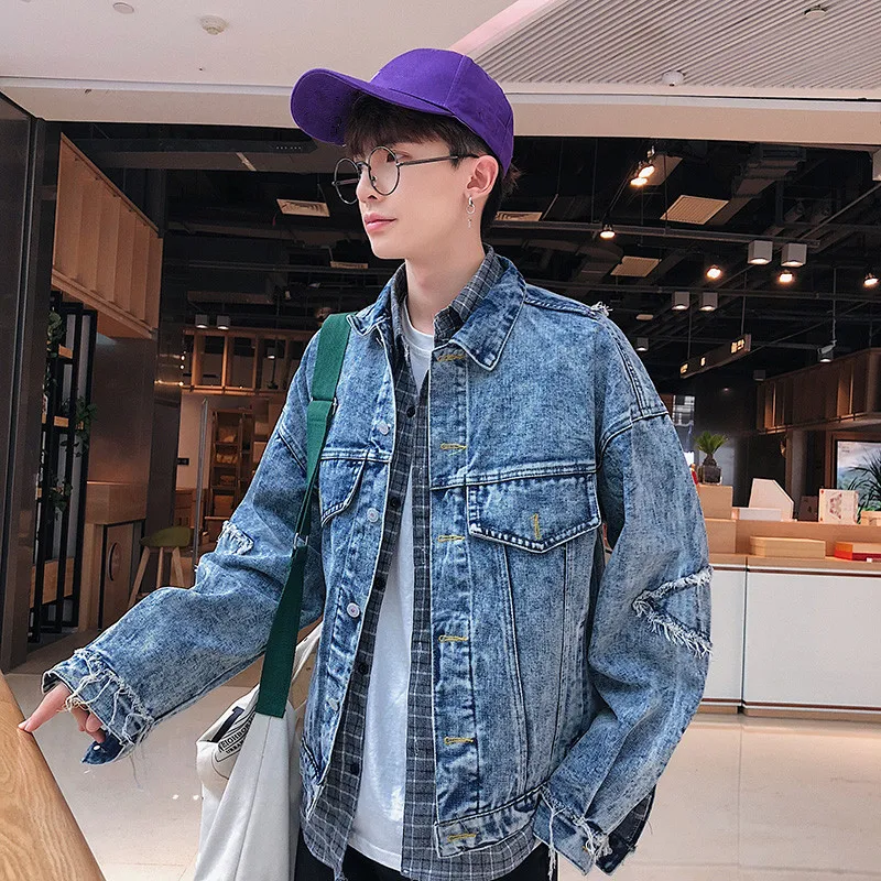 Новый молодой человек High Street джинсовые куртки свободные Patchworks для мужчин Высокое