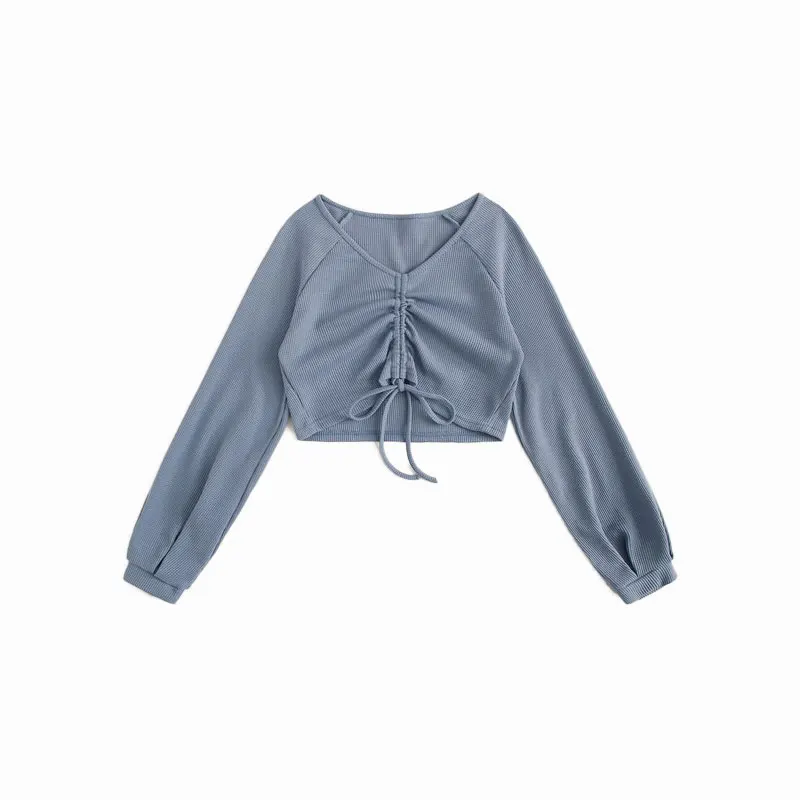 ROMWE V шеи Drawstring Передняя футболка осенняя одежда для женщин Повседневная короткий топ с длинными рукавами осенние однотонные женские топы одежда