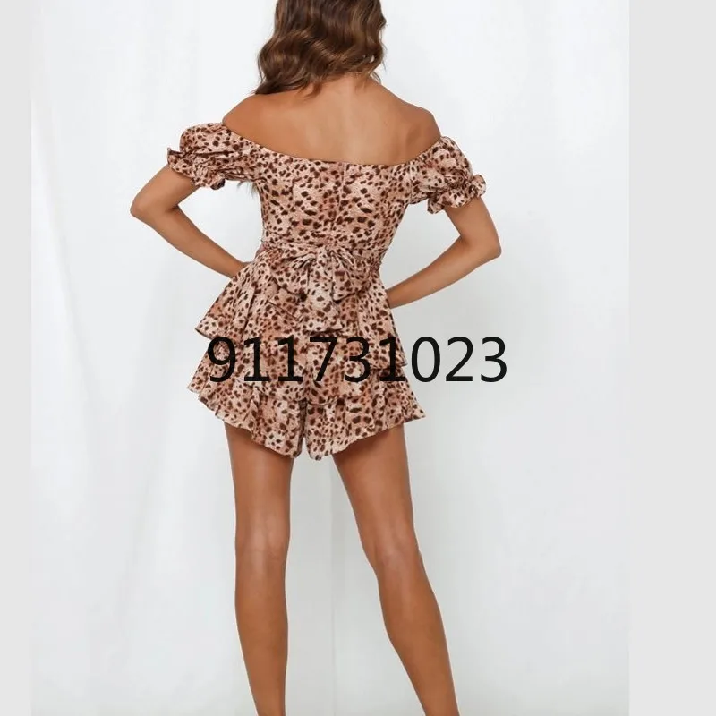 Bohemian Floral Leopard Print Ruffled Casual Short Playsuits Women's Summer Sleeve Slash Neck Jumpsuit Loose Overalls | Тематическая