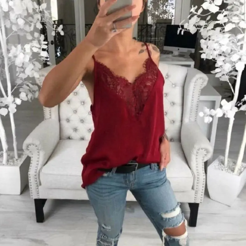 Strappy Camisole Vest Shirt Lace Ladies Summer Blouse V Neck Cami Tank Top Women | Женская одежда
