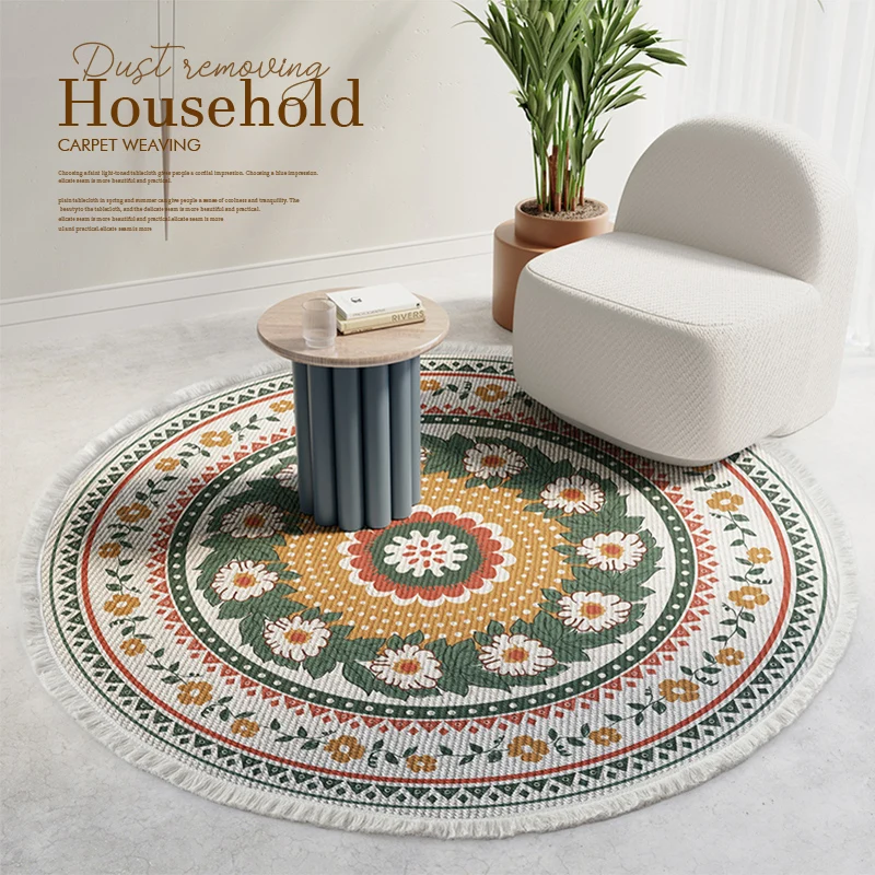 

Bohemian Cotton Linen Woven Round Carpet Cloakroom Ethnic Bedroom Round Rug Decor Tassel Handmade Floor Mat Morocco Carpet