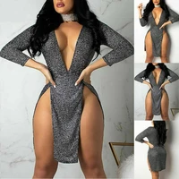 sexy women hot sequin deep v bodycon evening party cocktail high slit dress
