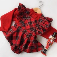 newborn baby girls red plaid romper dress ruffle short sleeve square neck romper jumpsuits with headband christmas baby clothes