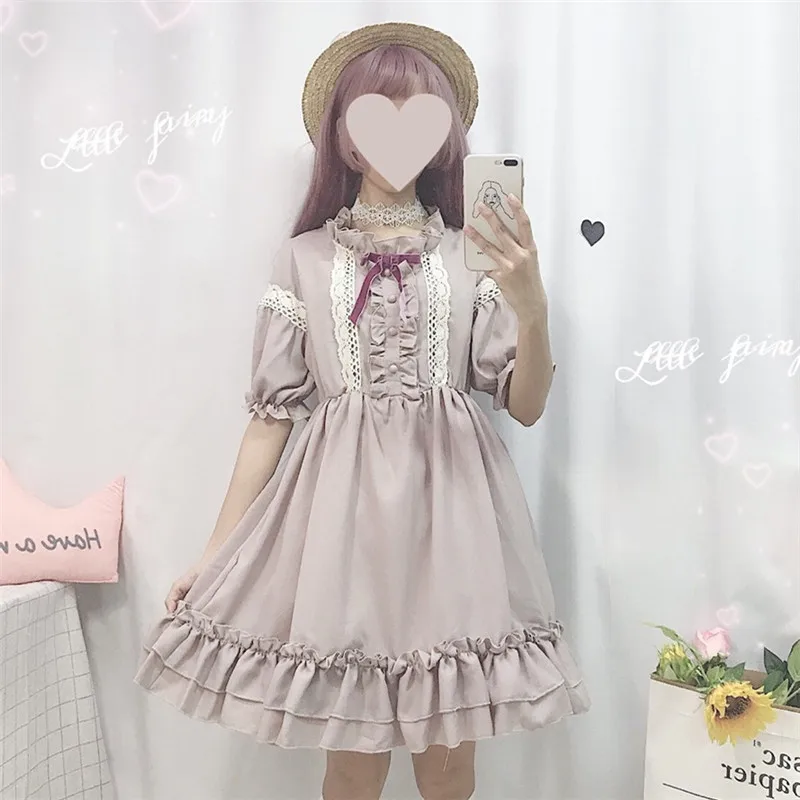 

Japanese Kawaii Lolita Dress Tea Party O Neck Lantern Sleeves Lolita Bowknot Stitching Soft Sister Dress Women Girl