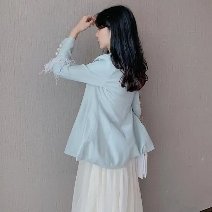 Pearl Button Feather Cuff Blazer Suit Women Outfit Single Breasted Long Sleeve Luxury Coat |