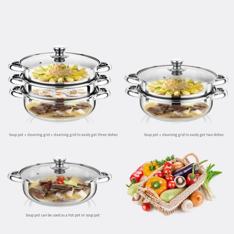 

New 1 Pcs 28cm Multifunctional Steam Pot Three Layers Stockpot Stainless Steel Steamer Cooking Boiler Cookware,Silver