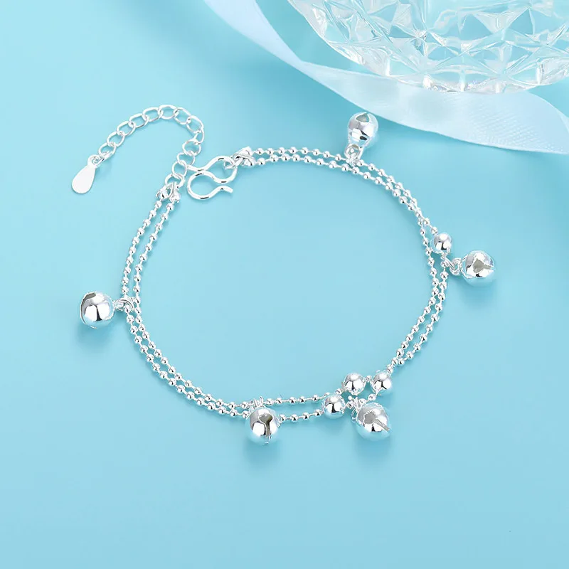 

VOQ 925 Sterling Silver Korean Fashion Bell Bracelet Round Bead Chain Bracelet Student Jewelry Gift