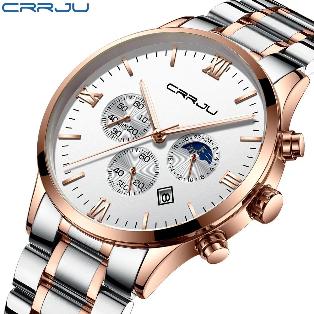 

Crrju Chronograph Quartz Watch Men Simple Fashion Casual Dress Stainless Steel Watches 30 M Daily Waterproof Date relogio 2159