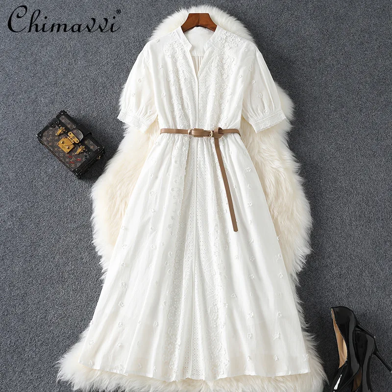

2021 Summer Dress Women Short Sleeve Stand-Collar Hollow-out Lace Dresses Fashion Lace-up Slimming Fairy Puffy Dress Feminine