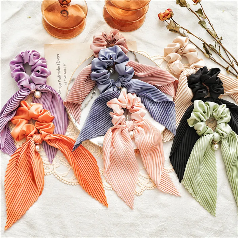 

New Candy Color Chiffon Fold Long Ribbon Pearls Hair Scrunchie Women Bows Ponytail Holder Hairband Girls Hair Ties Accessories