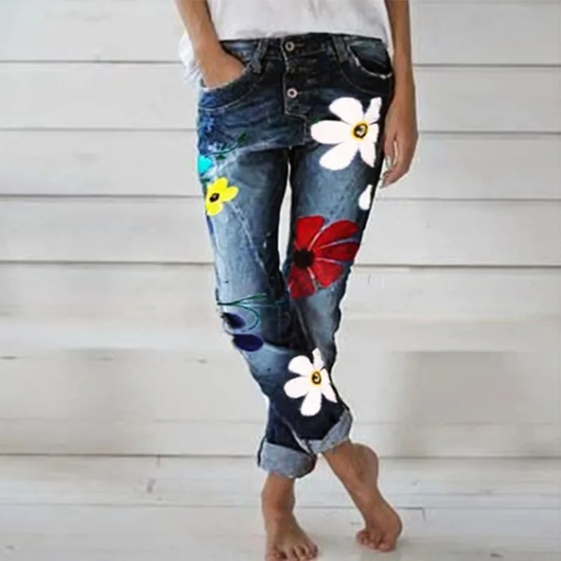 

New Autumn Fashion Women Denim Pant Floral Printed Jeans Trouser Femme High Waist Pocket Pant Fit Straight Leg Lady Pant Jeans