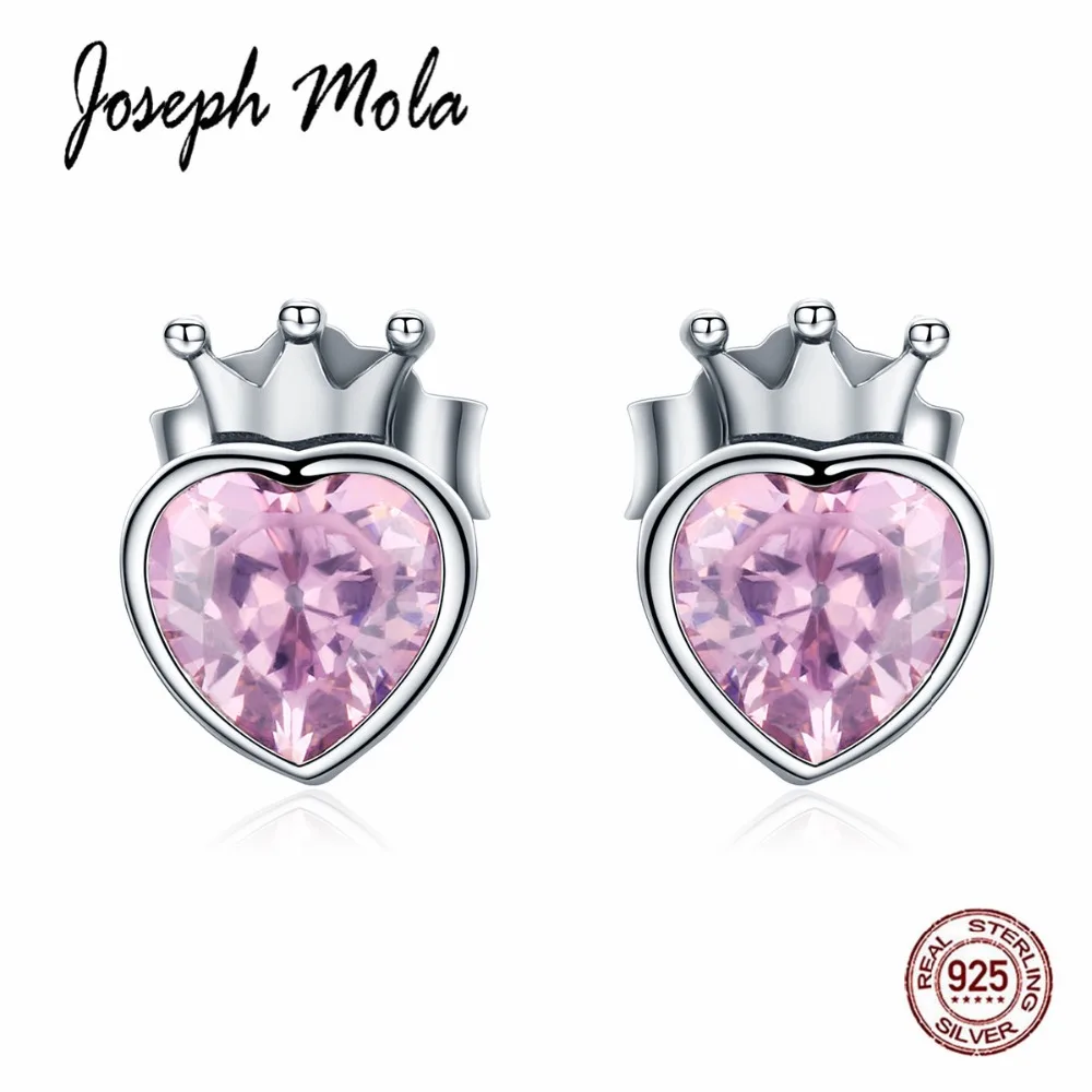 Joseph Mola 925 стерлингового серебра Принцесса Корона сердце розовый кристалл серьги