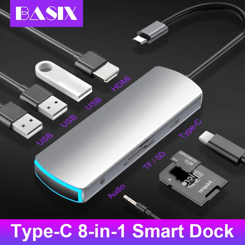 Usb концентратор типа C HDMI совместимый USB 3 0 зарядный адаптер с дышащим светом для