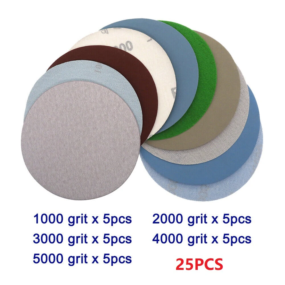 

25pcs Hook And Loop 5 Inch 1000 2000 3000 4000 5000Grit Sand Paper Sanding Discs For Stone, Lacquer Finish, Mirror Finish