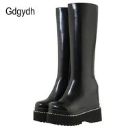 gdgydh sexy rivet knee high boots women punk height increasing genuine leather platform wedges winter shoes thick bottom zipper