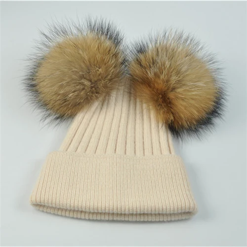 Beige natural fur Женская зимняя шапка с двойным меховым помпоном, женский шерстяной съемный меховой вязаный шарик, Шапка-бини с 2 натуральными цветными помпонами из меха енота - Цвет: Beige natural fur