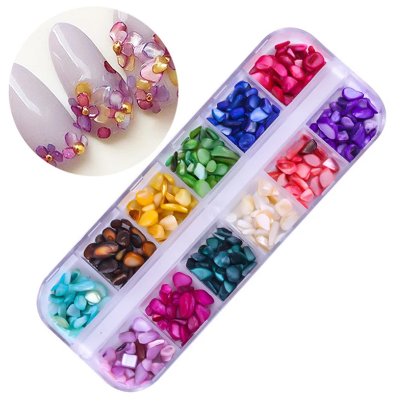 12 Grid Colorful Shell Stones With Tweezers Candy Color Nail Art Decoration Irregular Stone For Gel Polish Accessory | Красота и