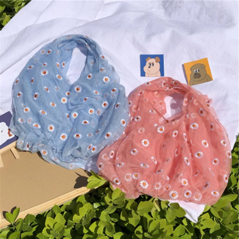 

3d Women Daisy Shopping Bags Embroidery Lace Flower Shoulder Totes Transparent Mesh Handbag Mini Decoration Purse For Girls