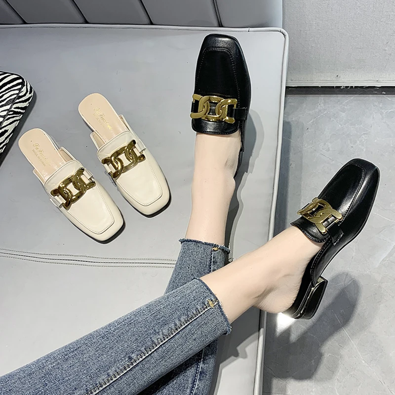 

Square heel Slippers Casual Cover Toe Shoes Woman 2021 Loafers Rivet Pantofle Med Female Mule Block Luxury New Mules Summer PU H