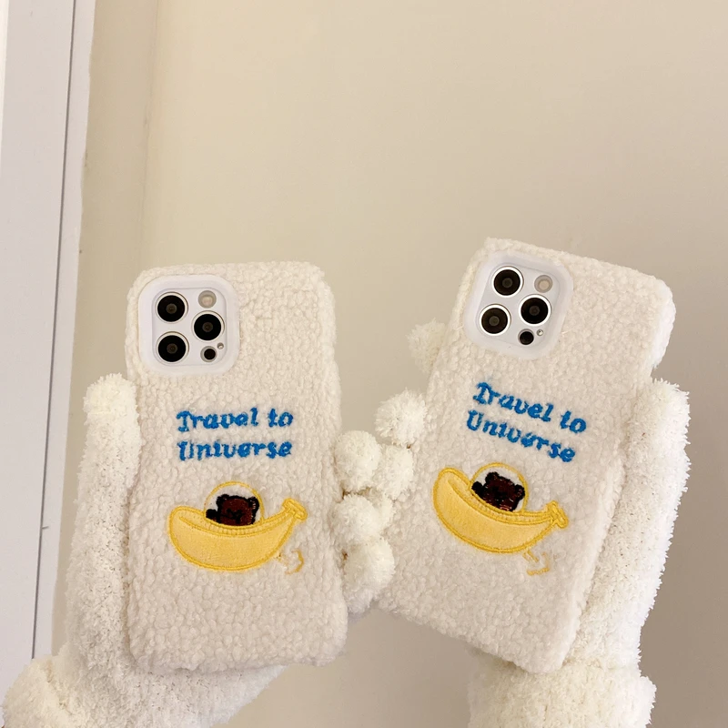 

Cute Cartoon Bear Soft Furry Phone Case For iPhone 13 12 11 Pro Max Capa Winter Warm Plush Cover For 7 8 Plus X Xs Max Xr Funda