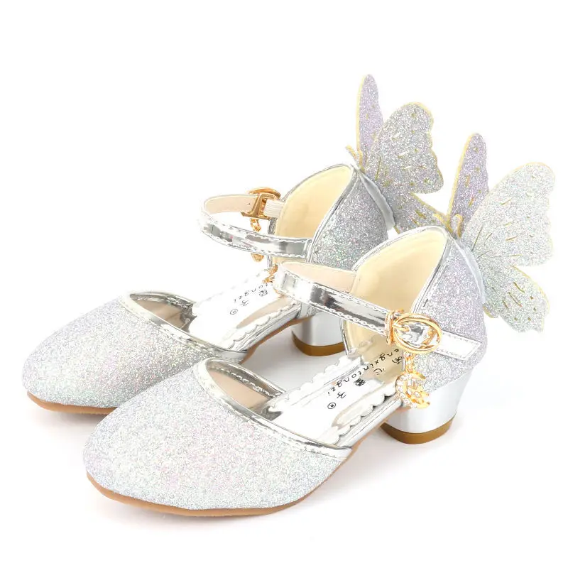 Summer Girls Shoes High Heels Sequin Leather Butterfly Children Princess Wedding Party Dance for Kids Sandals | Детская одежда и