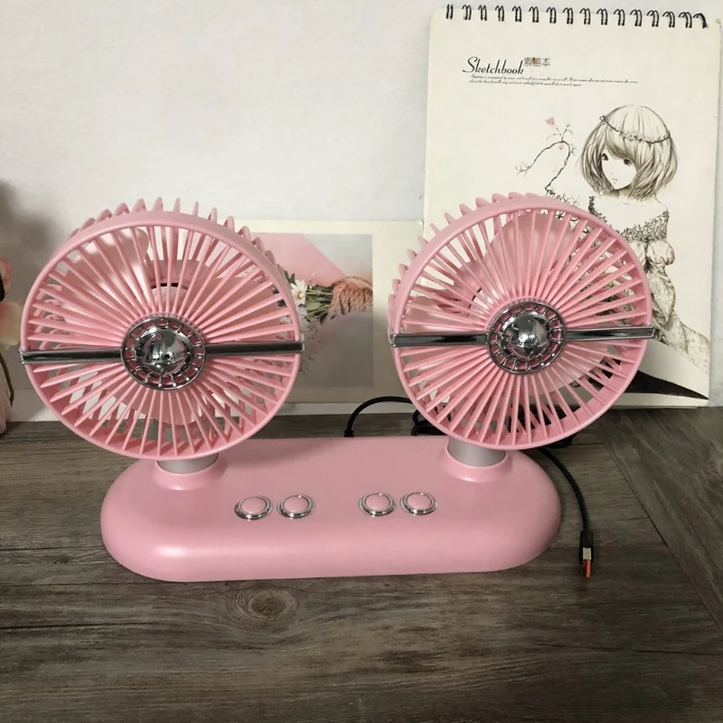 

Portable Car Fan Adjustable Dual Head 3 Speeds Strong Wind 90 Rotatable Auto Cooling Desk Fan for SUV Dashboard T21B