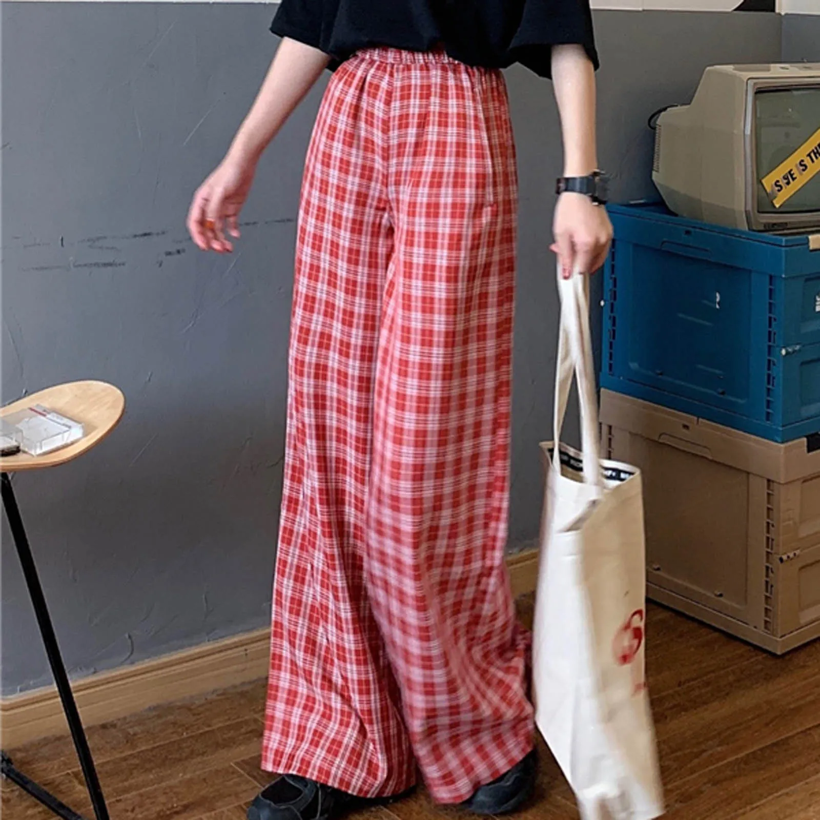 

Pantalones Informales Holgados De Cintura Alta Para Mujer Panlargo Ancha Con Estampado A Cuadros De Pierna