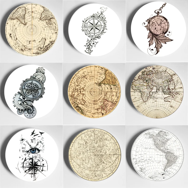 

Compass Drawing Art Plate Exquisite Map Wall Plate Home Living Room Wall Display Decorative Plate Ceramic Handmade Crafts