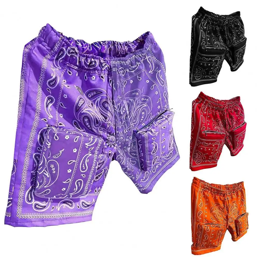 

Men Shorts Cashew Flower Print Drawstring Summer Mid Rise Zipper Pockets Shorts for Daily Wear Quick Dry Drawstring Shorts Pants