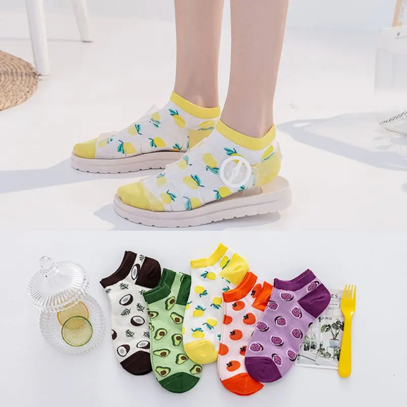 

Japanese Women Summer Cotton Boat Socks Cute Tropical Fruits Jacquard Bright Candy Color Low Cut Shallow Mouth Hosiery