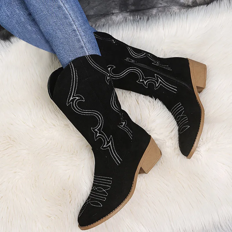 

Women's Cowboy Mid-Calf Boots Ladies Embroidery Pointed Toe Chunky Heel Women Boot Female Slip On Retro Vintage Western Shoes