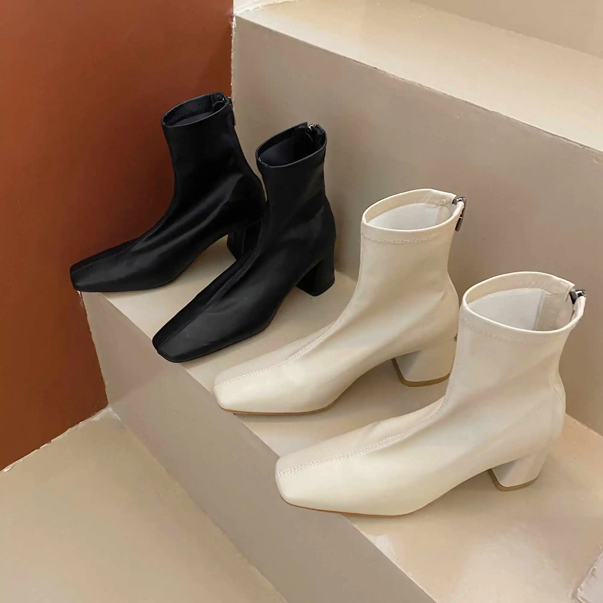 

Lenkisen Chelsea boots stretch high quality dating dress thick high heel square toe zipper beauty lady fashion ankle boots L20